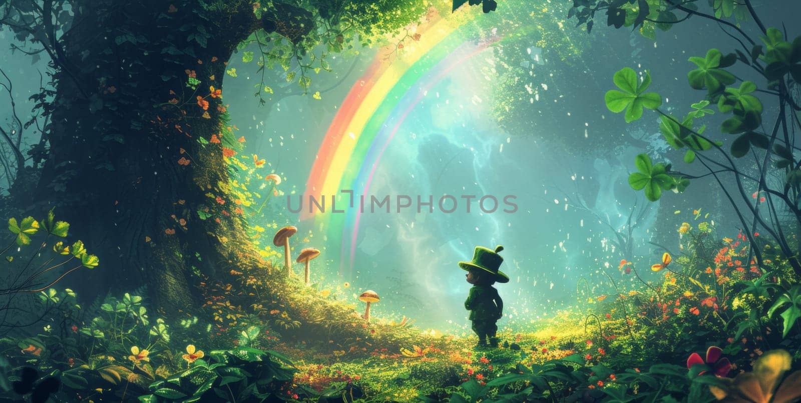 A little boy standing in a forest with trees and grass, AI by starush