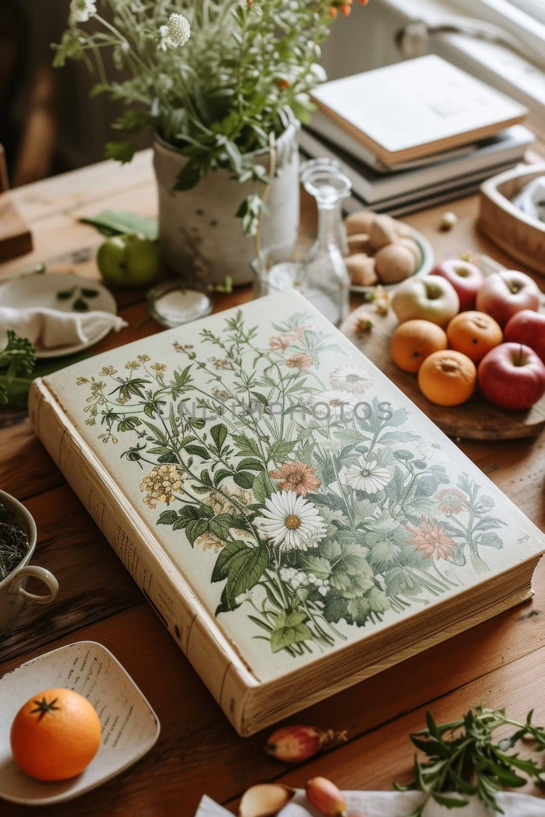 A table with a book and fruit on it next to bowls of oranges