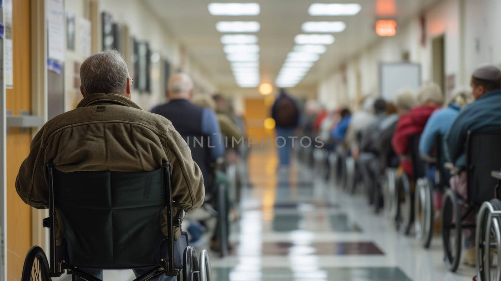 A long hallway with many people in wheelchairs and walking