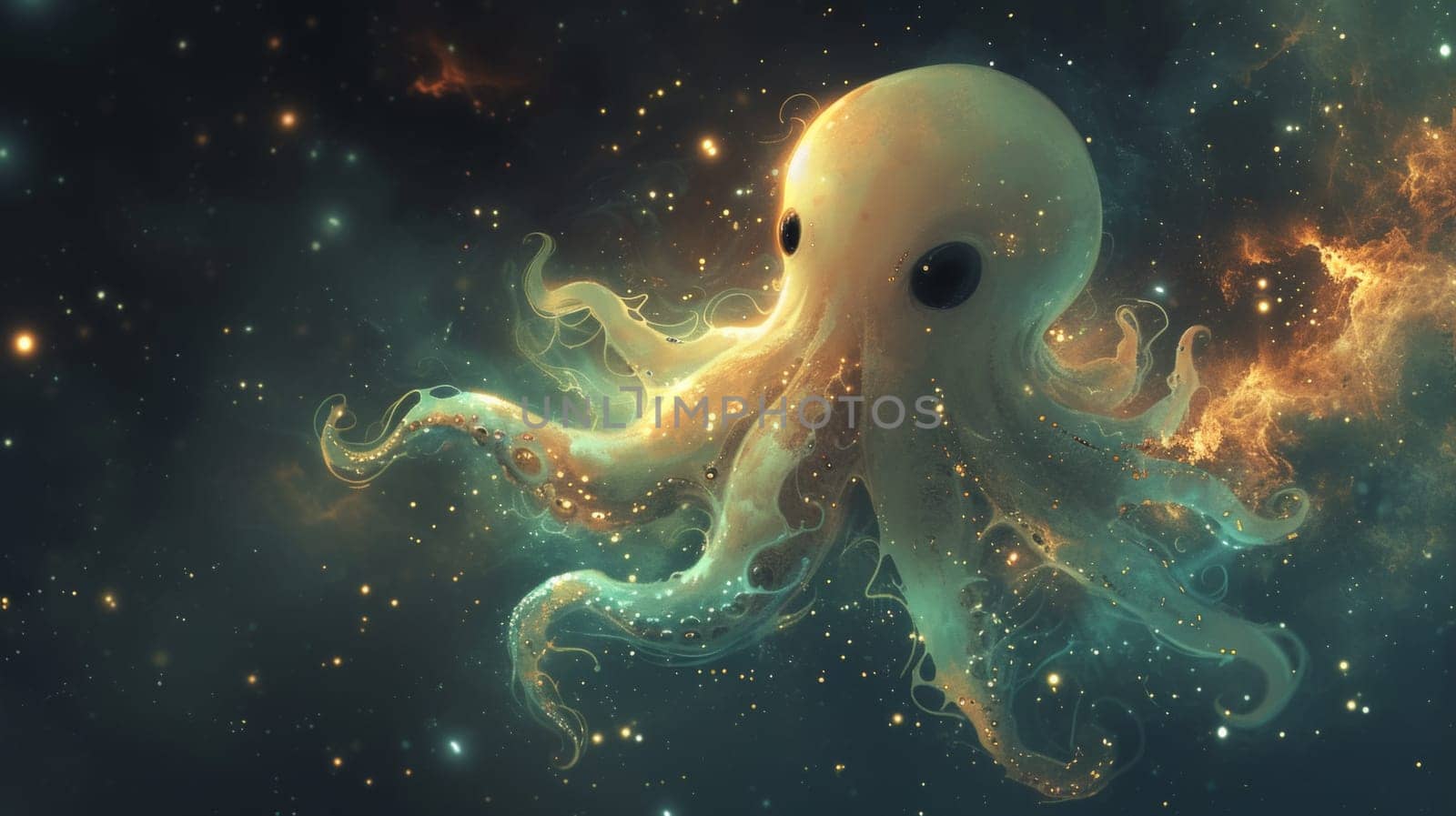 An octopus is floating in space with stars and galaxies around it, AI by starush