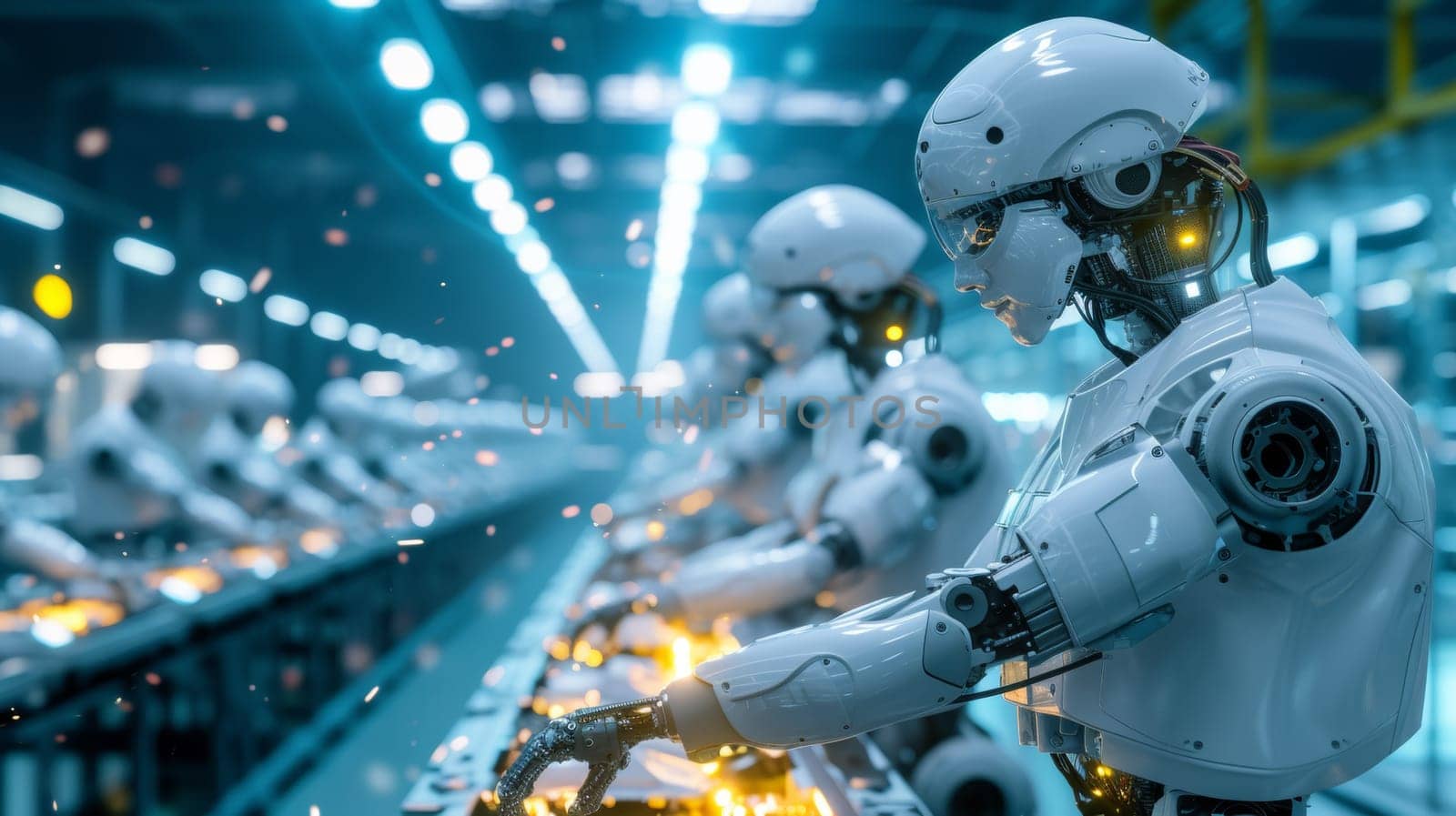 Robots working in a factory line with sparks flying from them, AI by starush