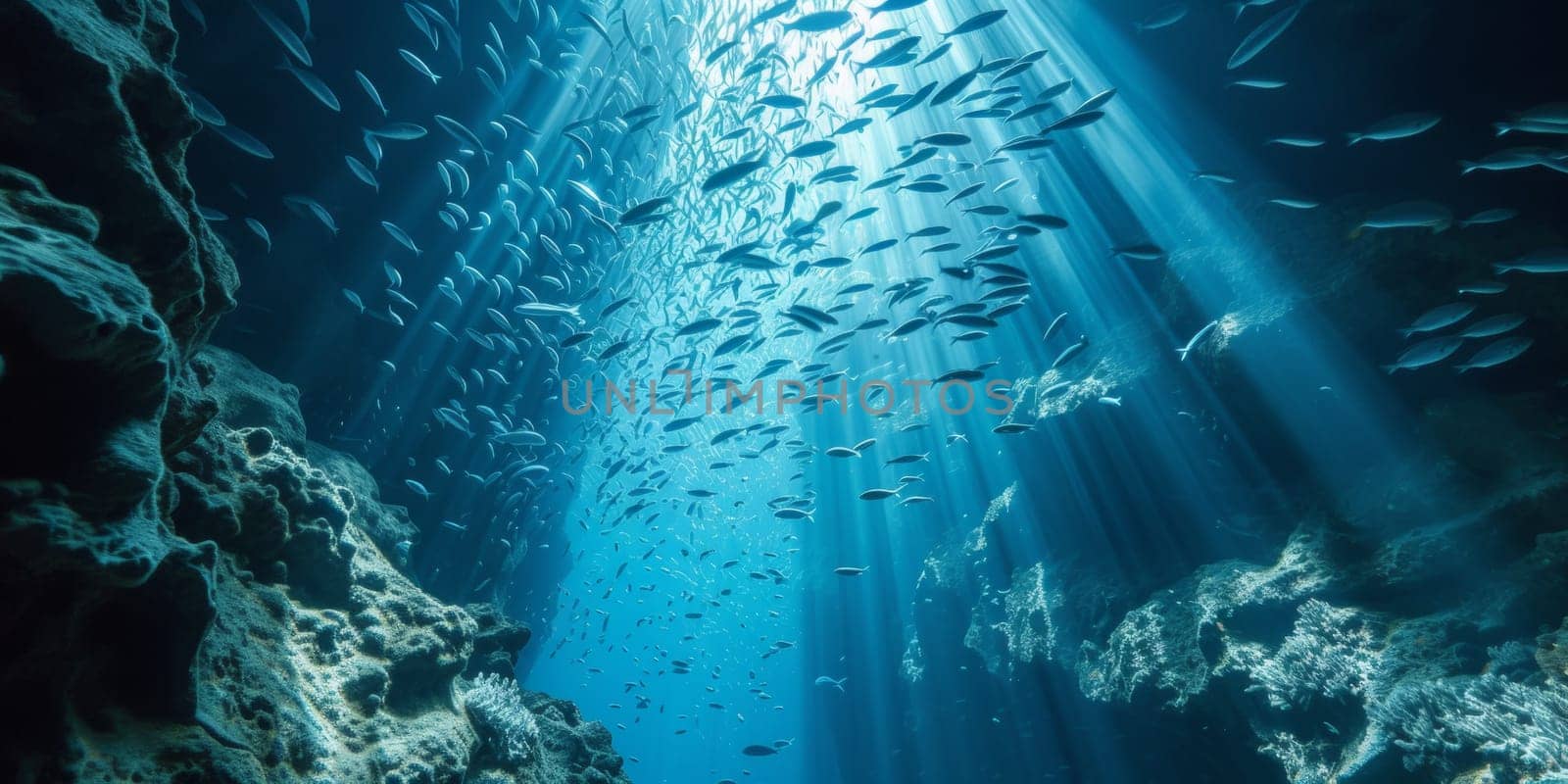 A large group of fish swim through a cave with sunlight shining down on them