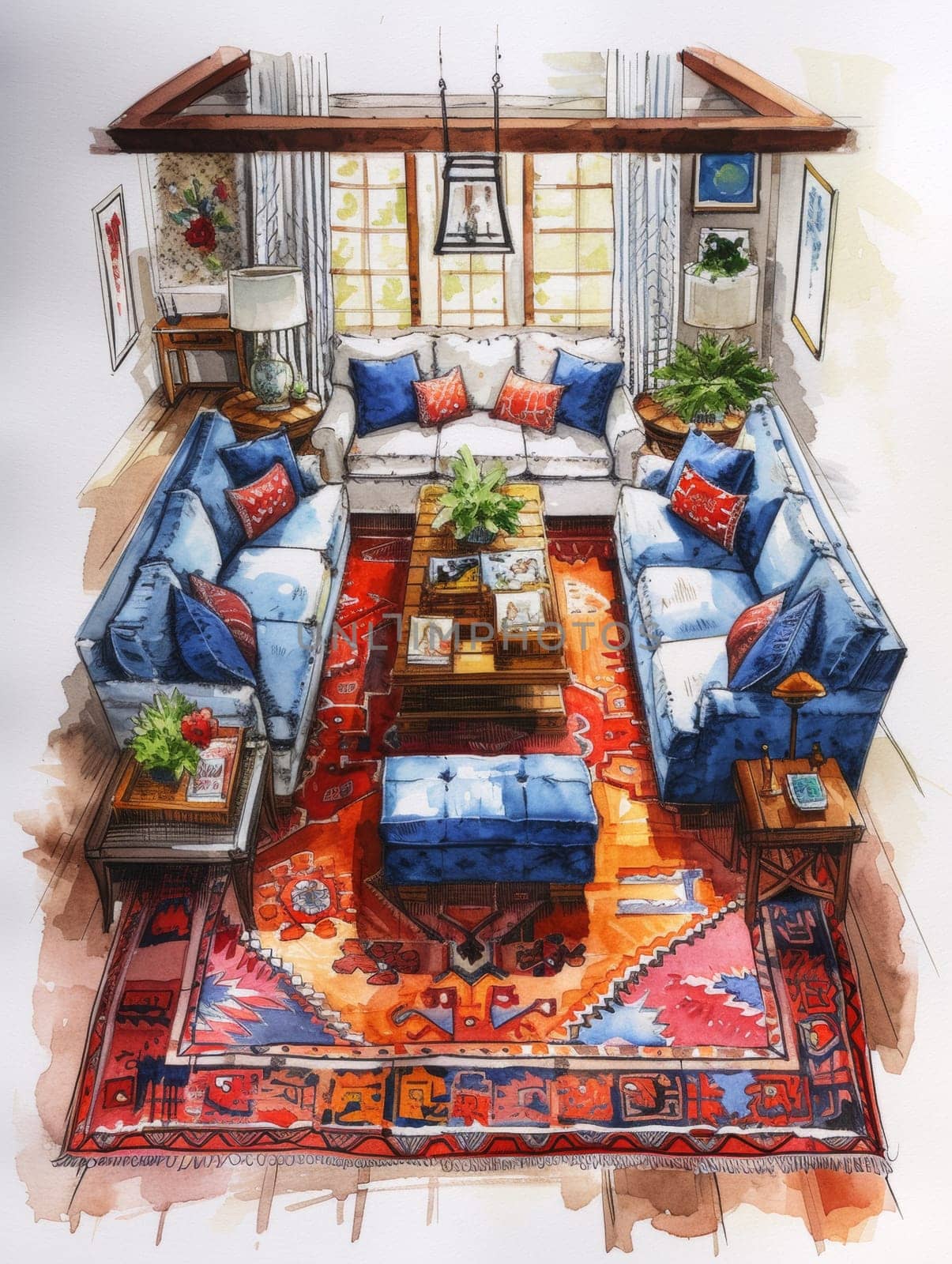 A drawing of a living room with blue and red couches