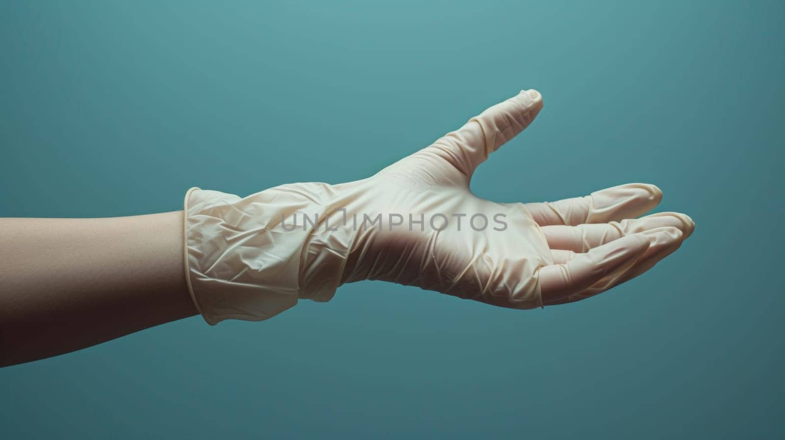 A person wearing a latex glove on their hand with the palm facing up, AI by starush