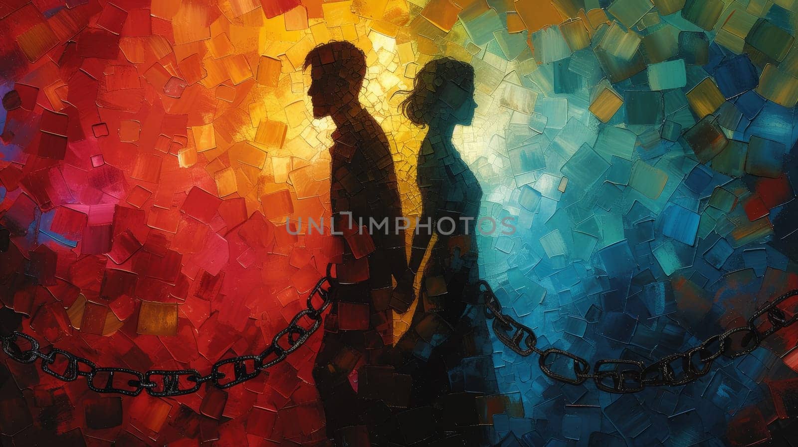 A couple is chained together in a mosaic painting