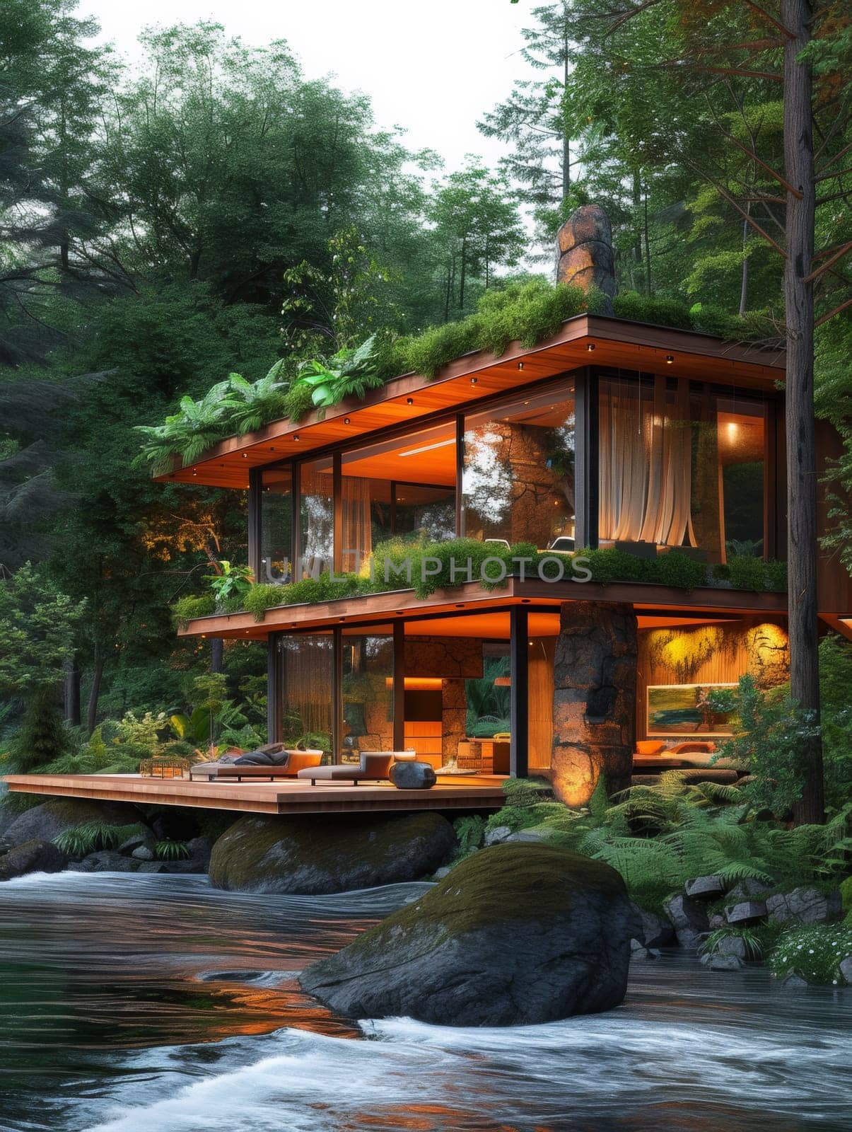 A house on a cliff overlooking the water with plants growing out of it, AI by starush