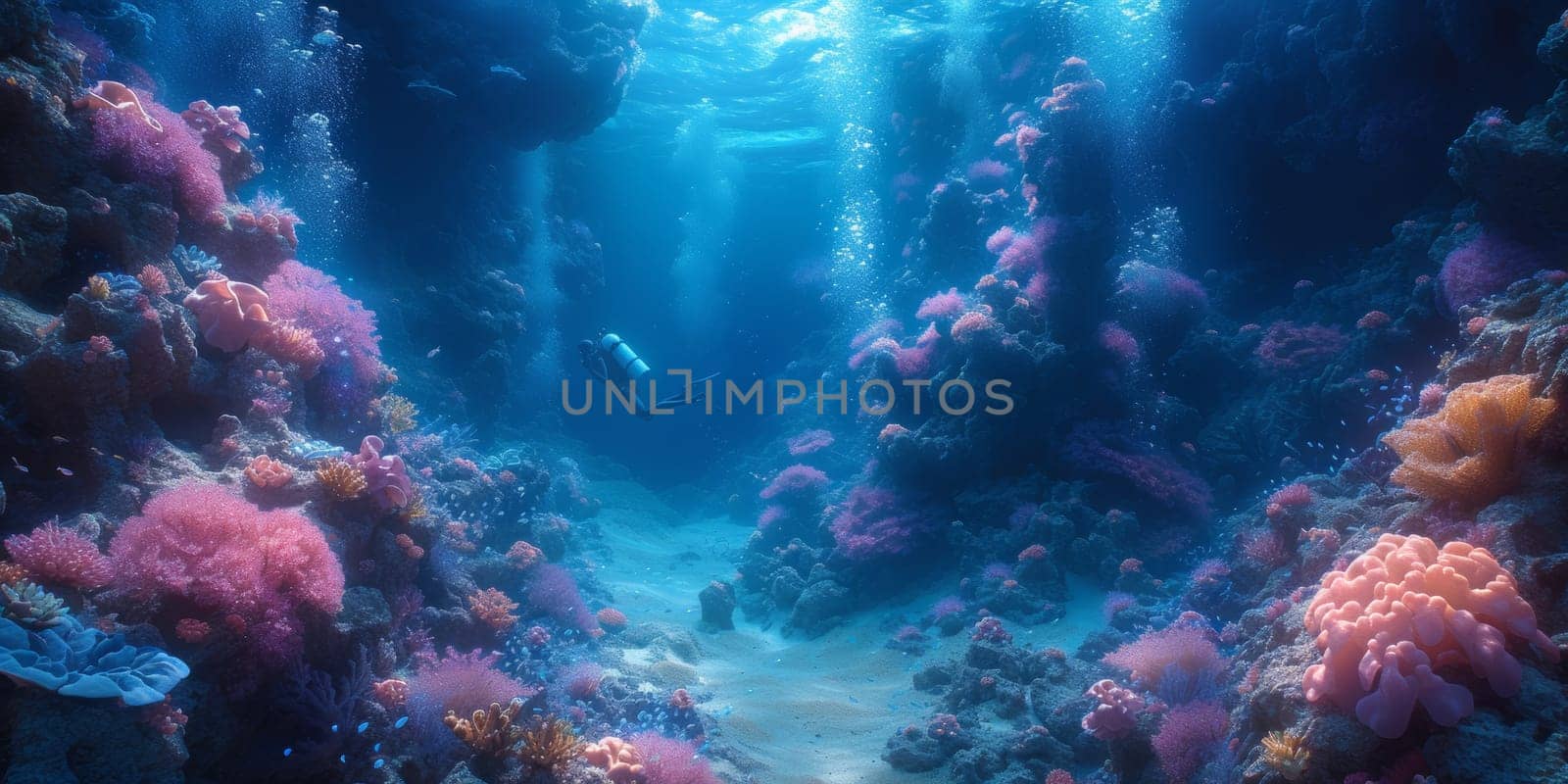 A diver is swimming through a coral reef filled with colorful fish