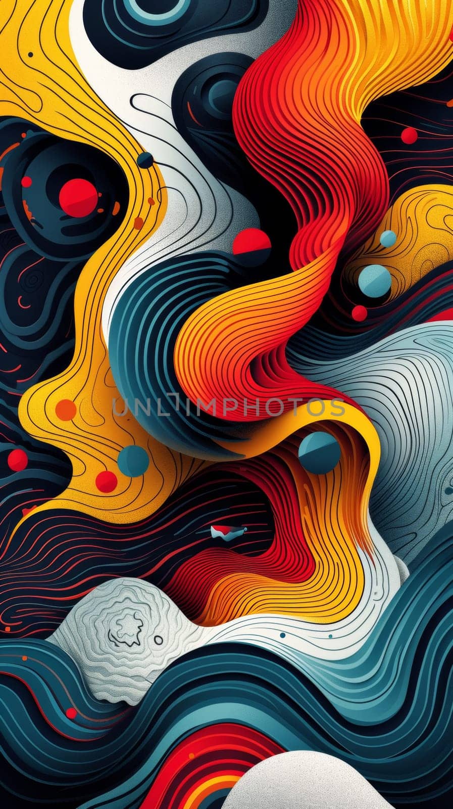 A colorful abstract painting with waves and swirls of colors, AI by starush