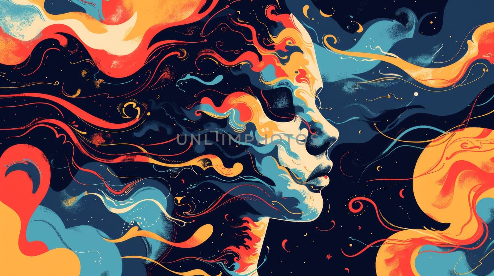 A painting of a woman's face with swirls and colors