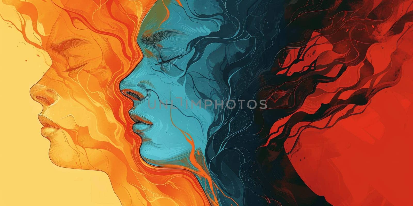 A painting of two women with different colored hair and faces, AI by starush