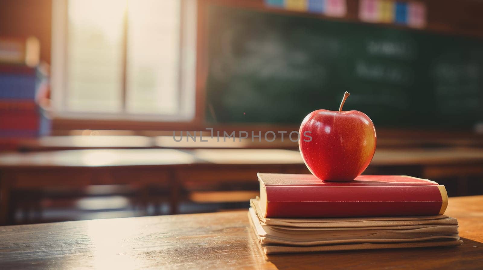 An apple sitting on top of books in a classroom