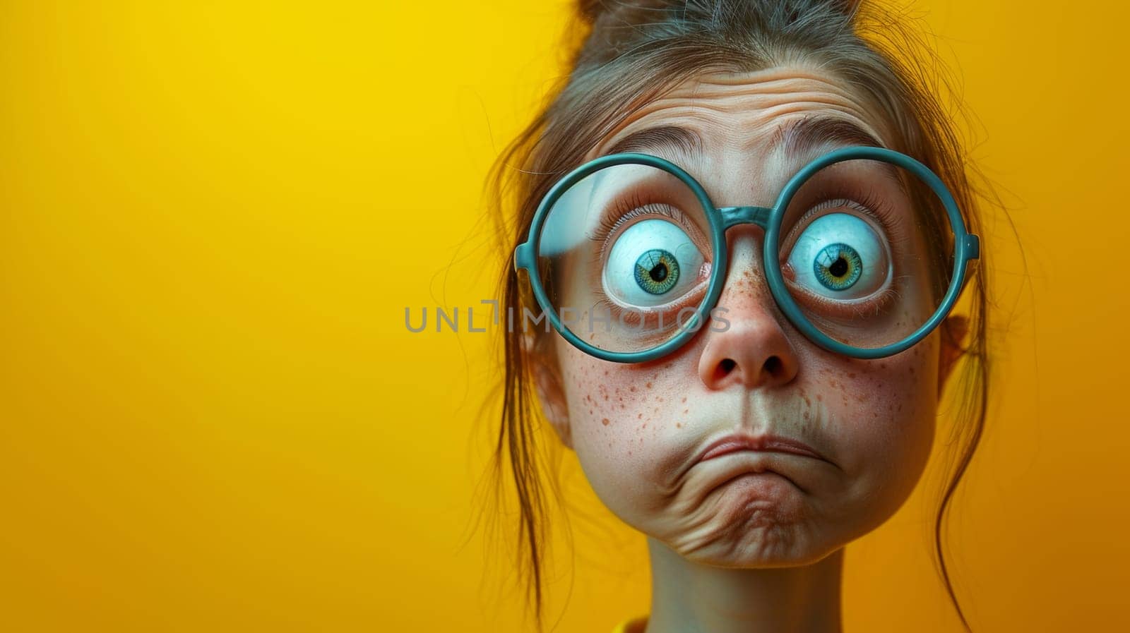 A close up of a girl with glasses and freckles