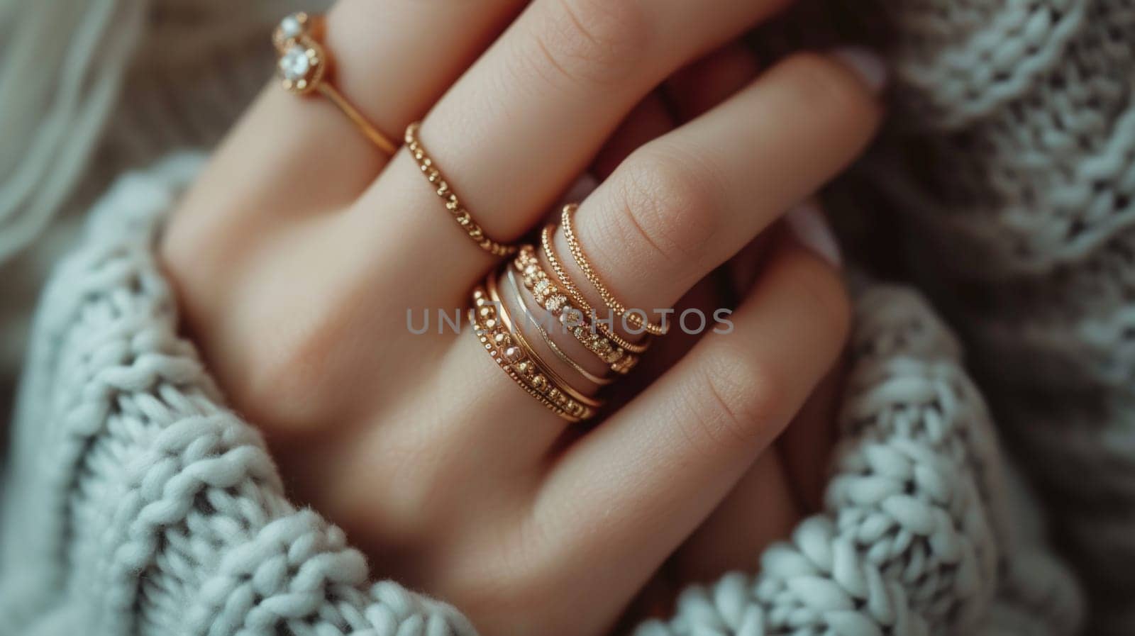 A woman's hands are wearing several rings on them