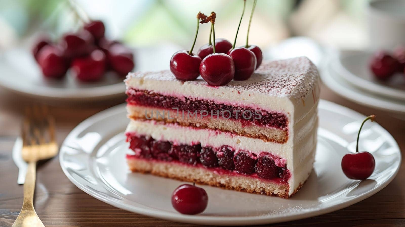 A piece of a slice of cake with cherries on top