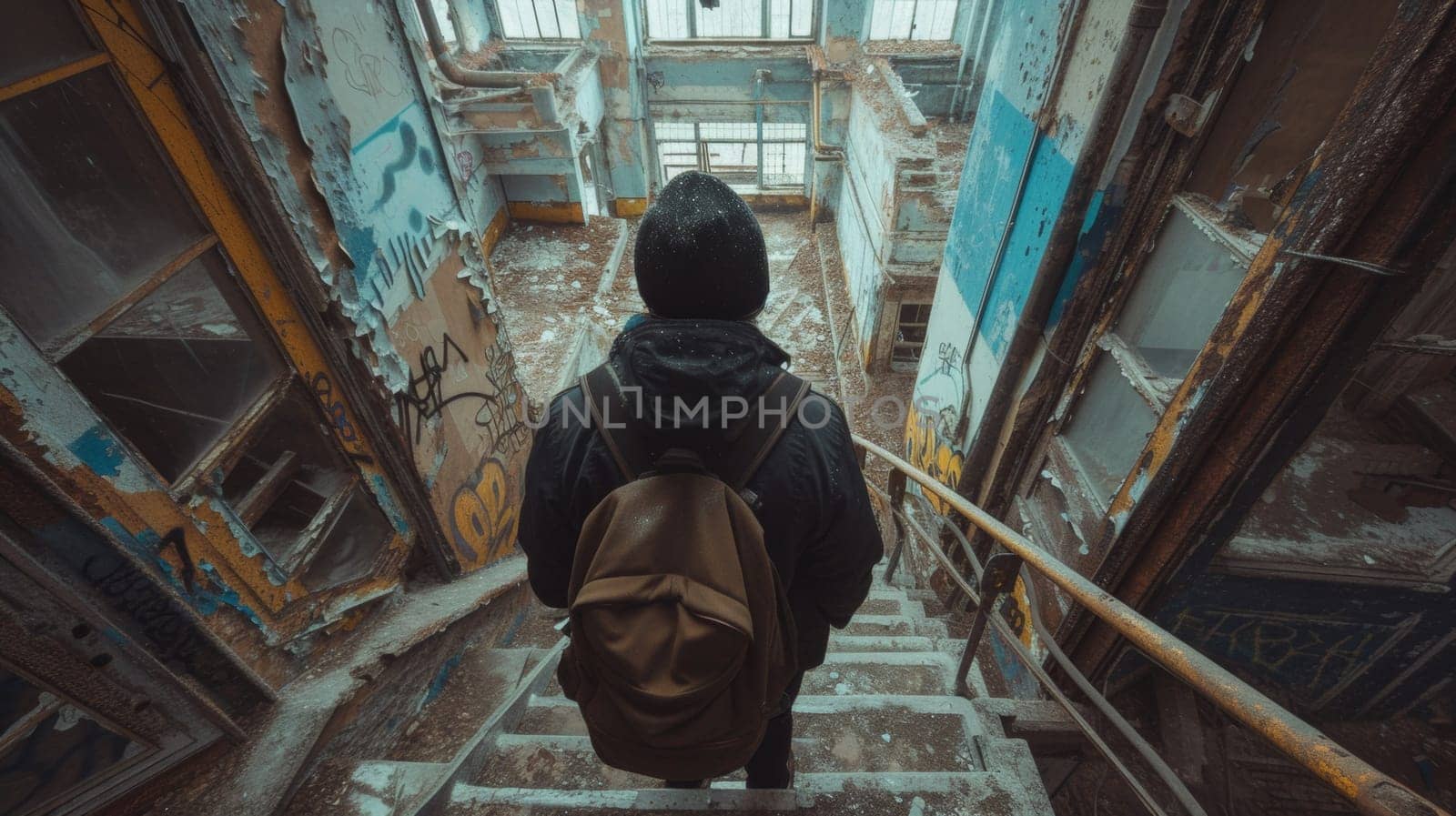 A man with backpack walking down stairs in a building