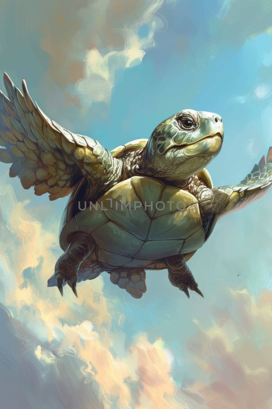 A painting of a turtle flying in the sky with clouds