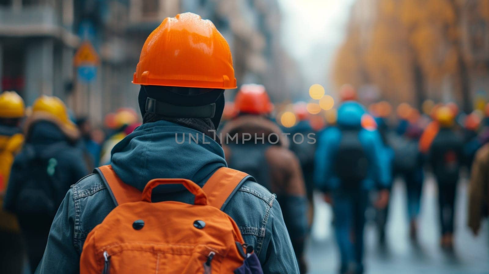 A man with orange hard hat walking down a crowded street