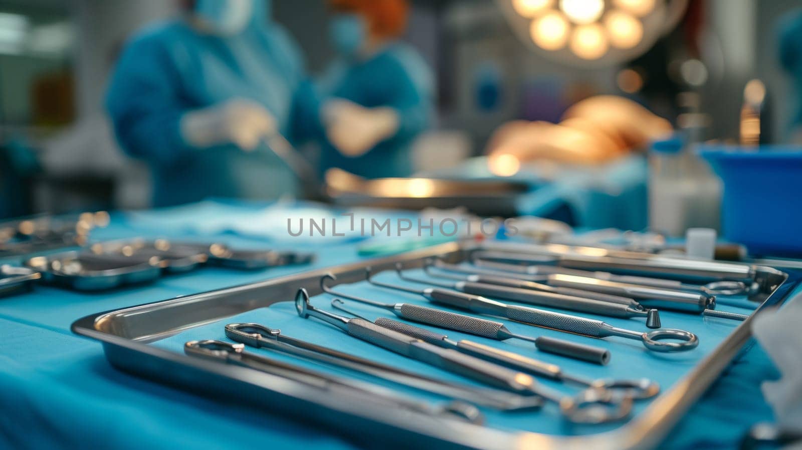 A tray of surgical tools on a table in an operating room