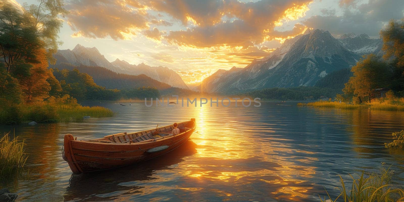 A boat on a lake at sunset with mountains in the background