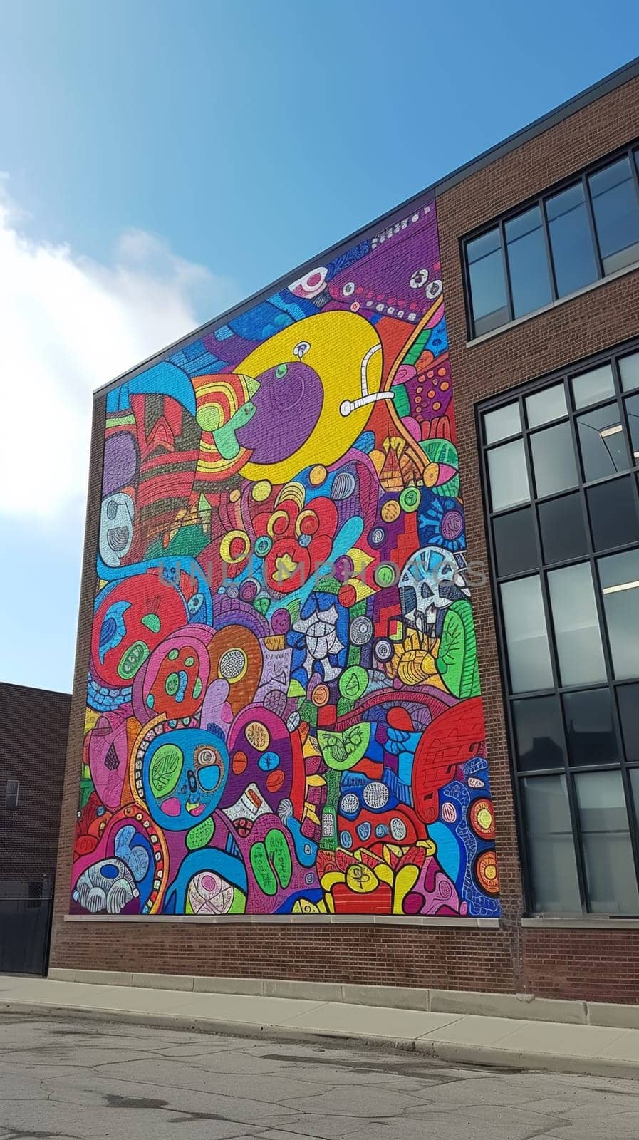 A large colorful mural on the side of a building next to an intersection, AI by starush