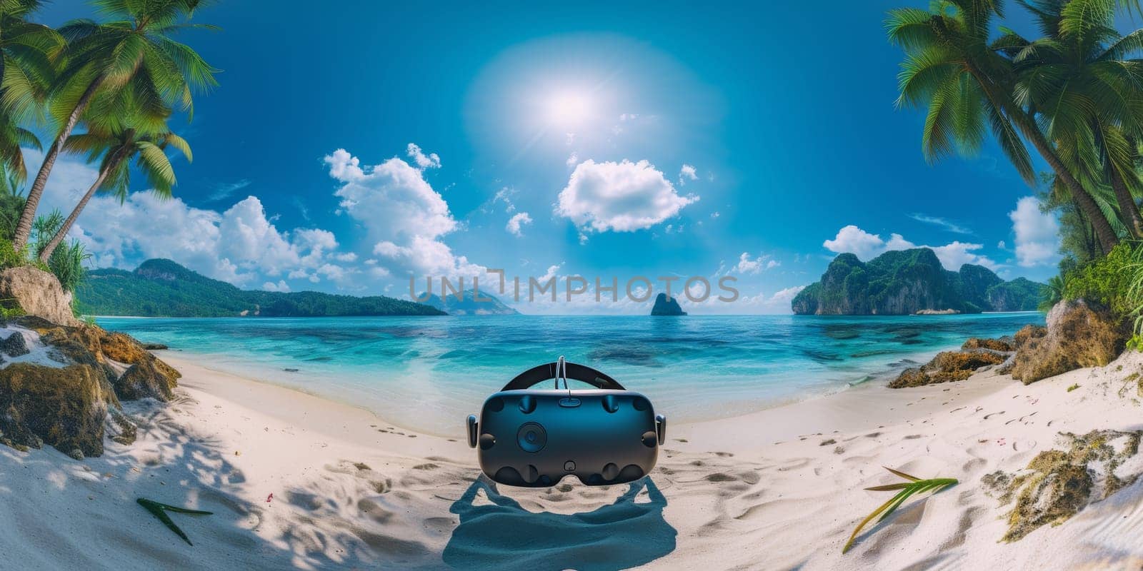 A blue suitcase sitting on a beach with palm trees in the background