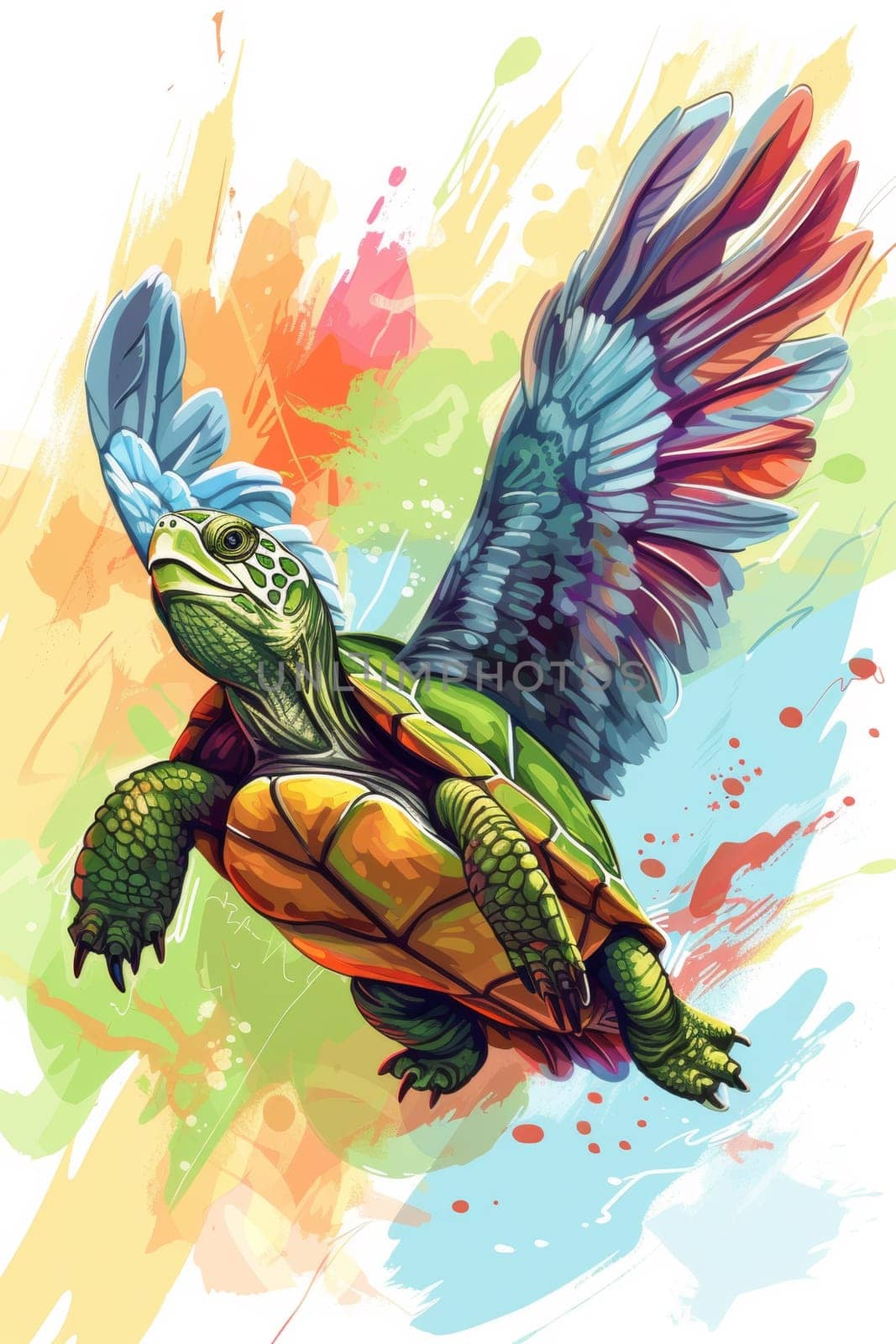 A painting of a colorful turtle with wings flying in the air