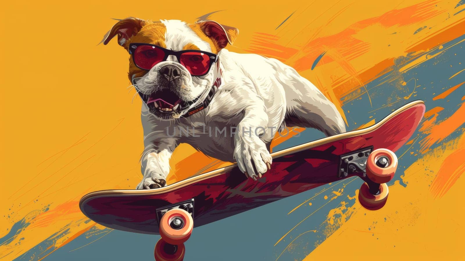 A painting of a dog riding on top of a skateboard