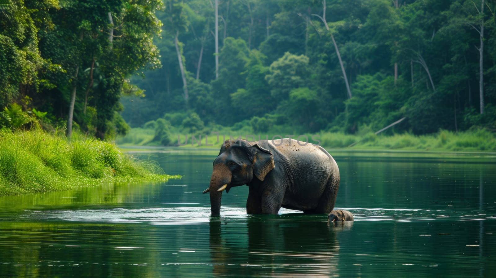 An elephant and calf in a river with lush green trees
