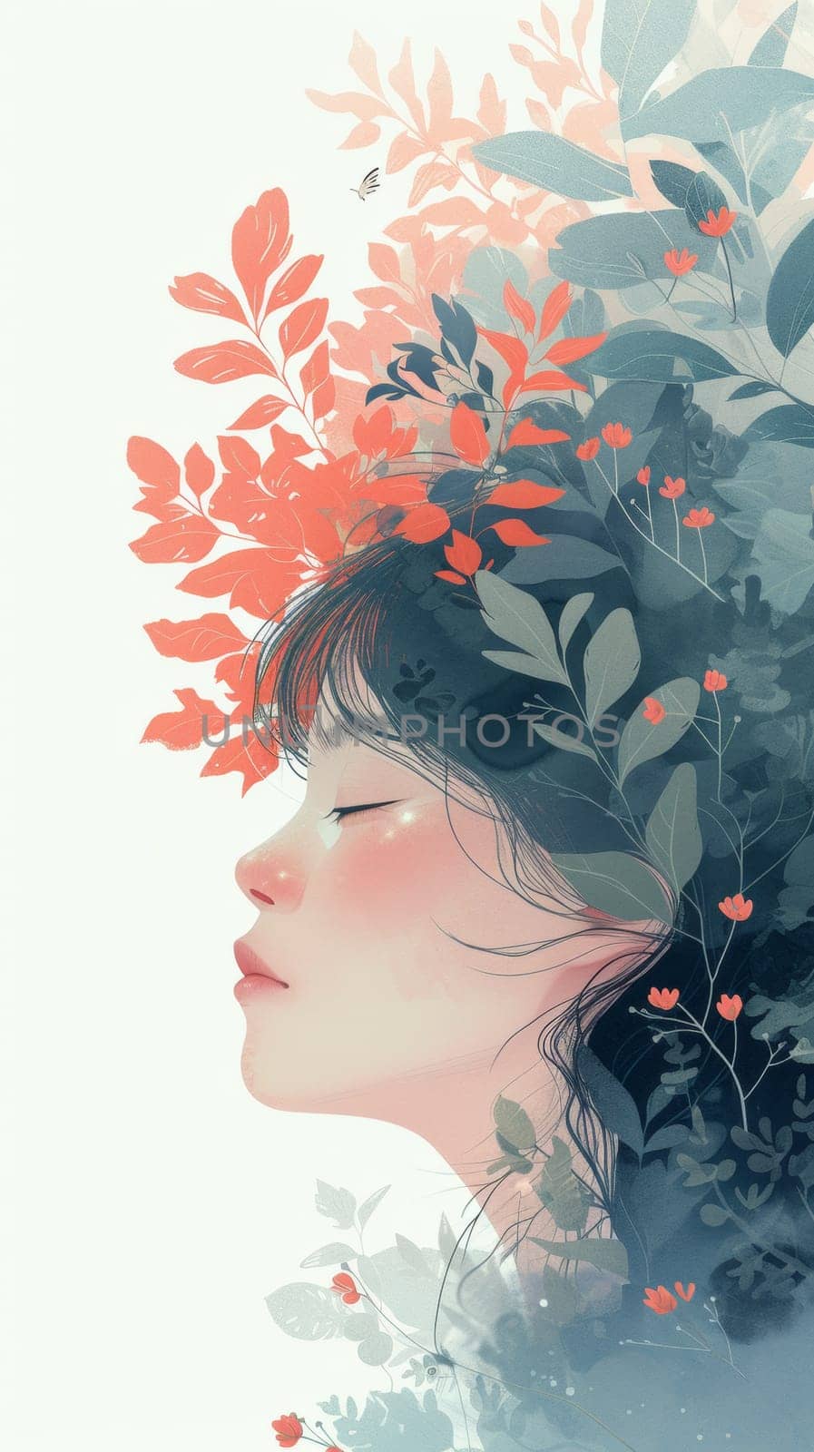 A woman with her head covered in leaves and flowers, AI by starush