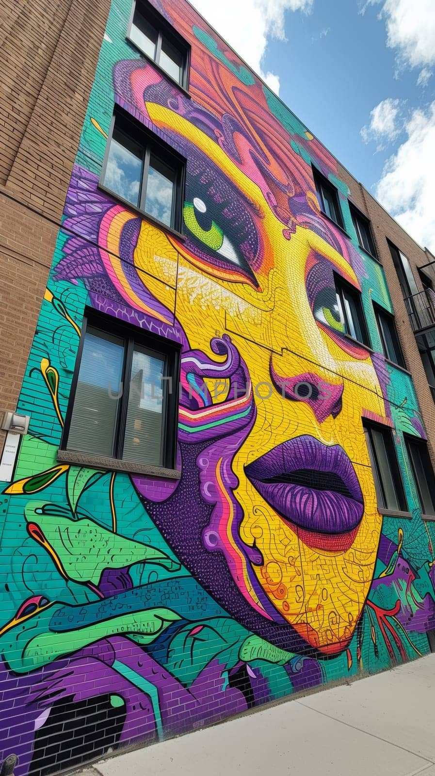 A colorful mural on the side of a building with an image of a woman's face, AI by starush