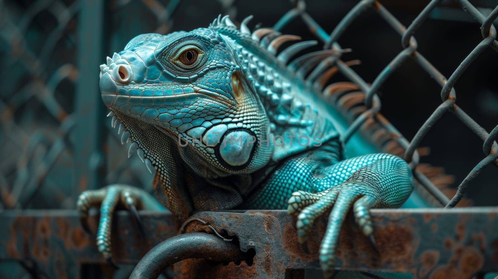 A large green iguana sitting on top of a fence, AI by starush
