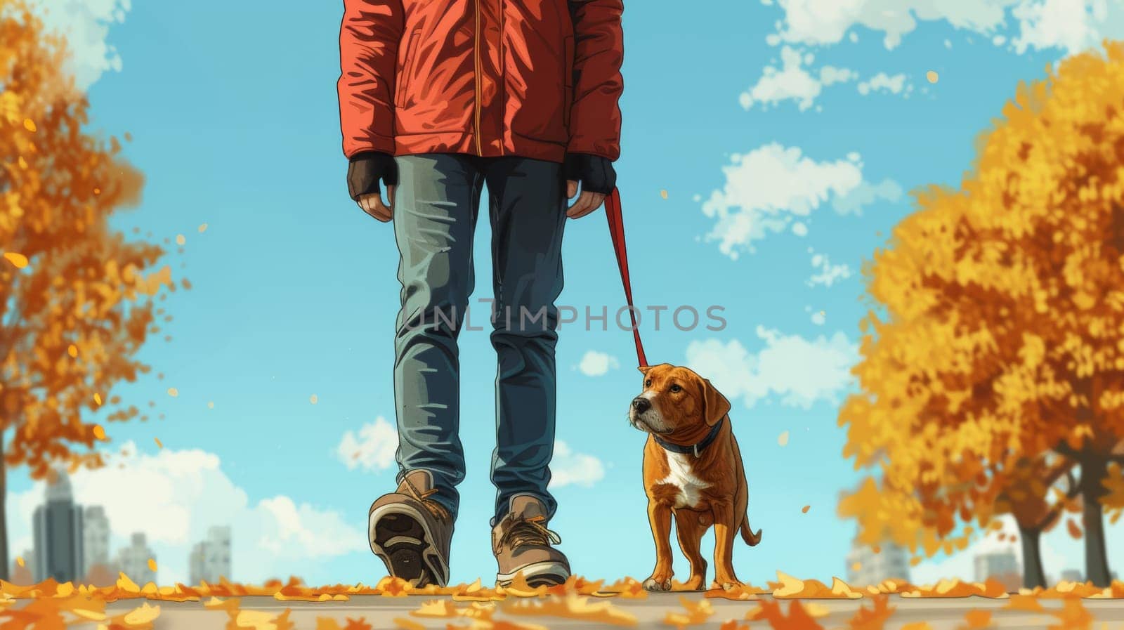 A man walking a dog in the fall leaves