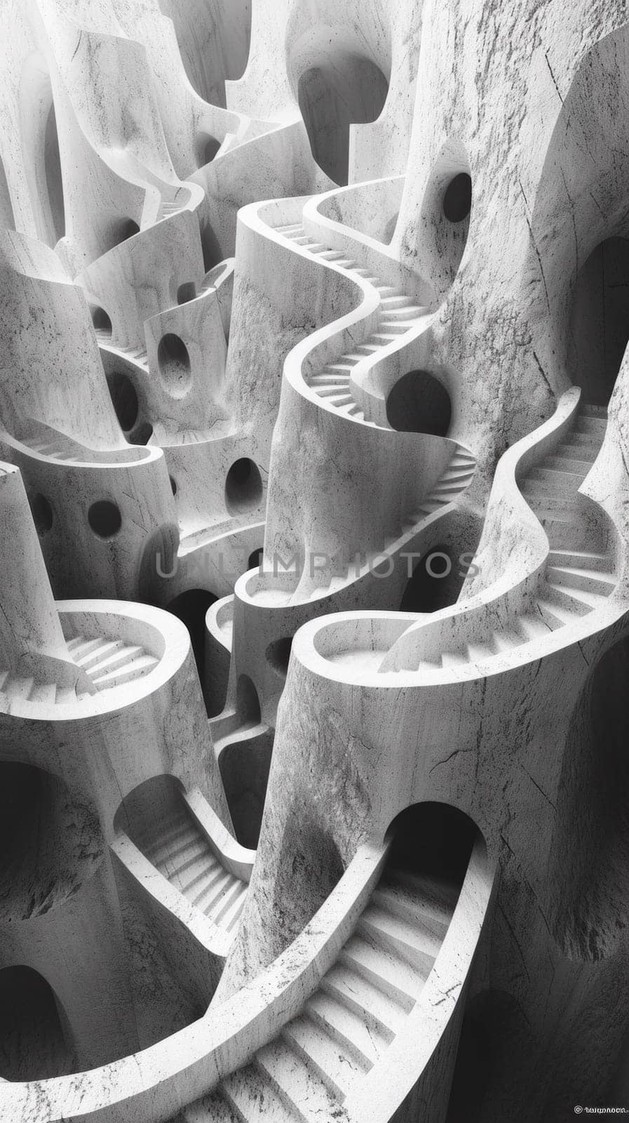 A black and white photo of a spiral staircase in an abstract sculpture