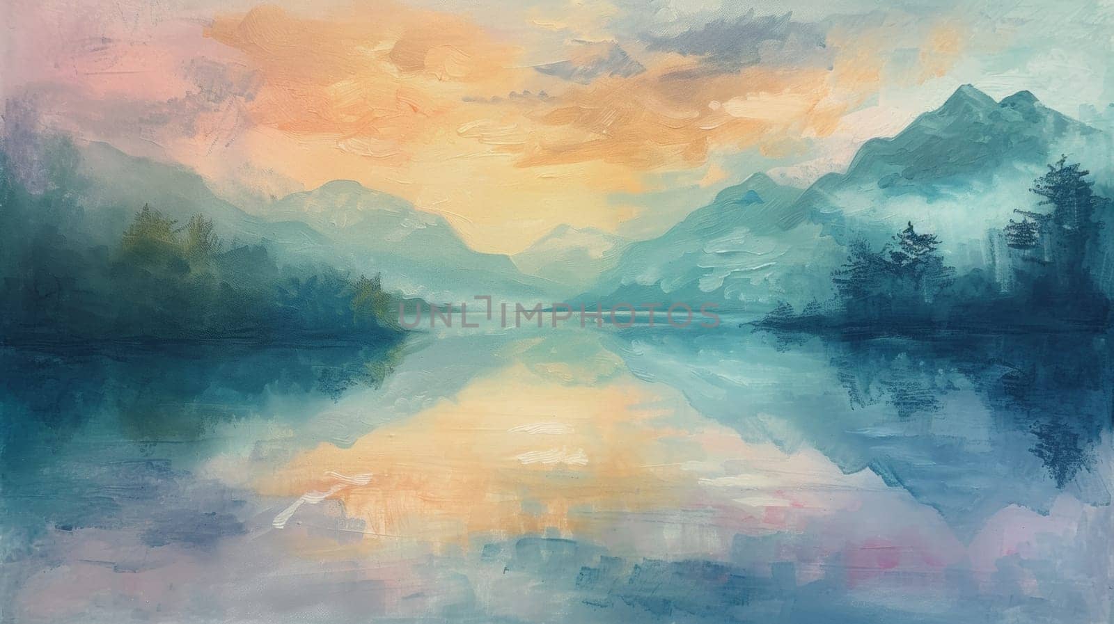 A painting of a mountain lake with clouds and trees