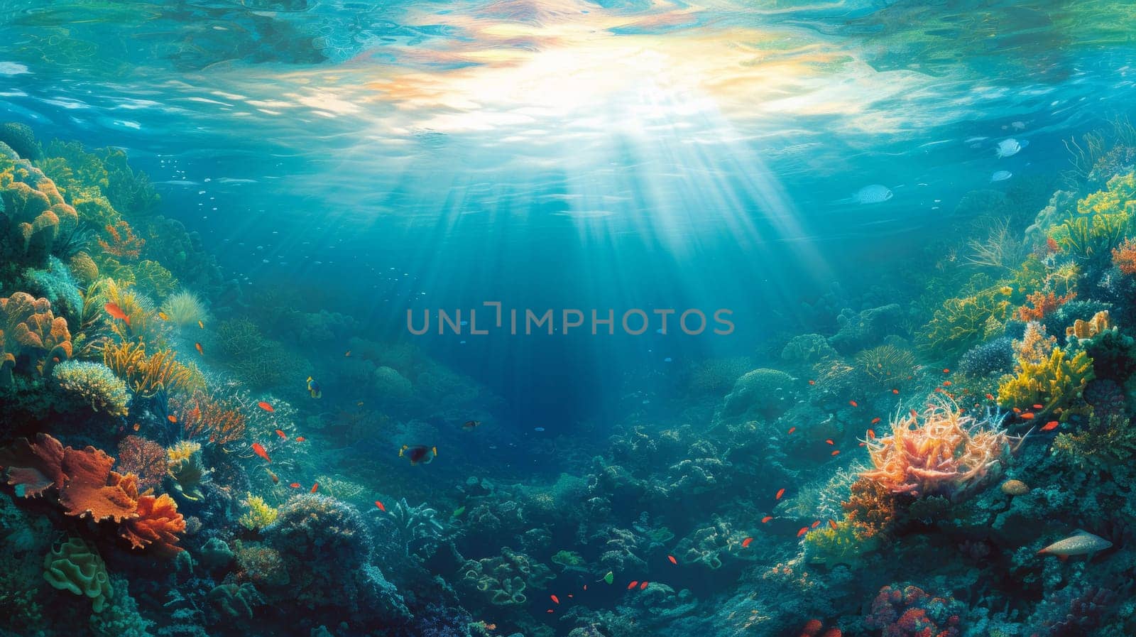 A beautiful underwater scene with sunlight shining through the water, AI by starush
