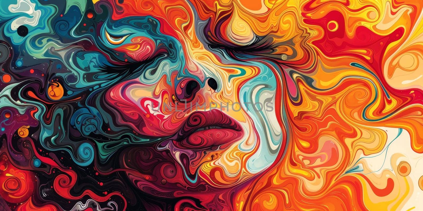 A colorful painting of a woman's face with swirls and colors