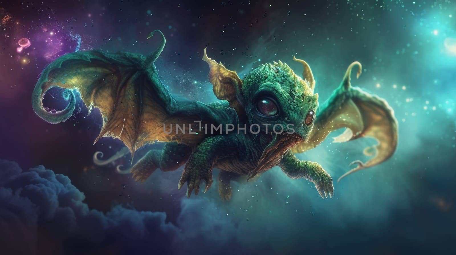 A small green dragon with large eyes and wings flying in the sky