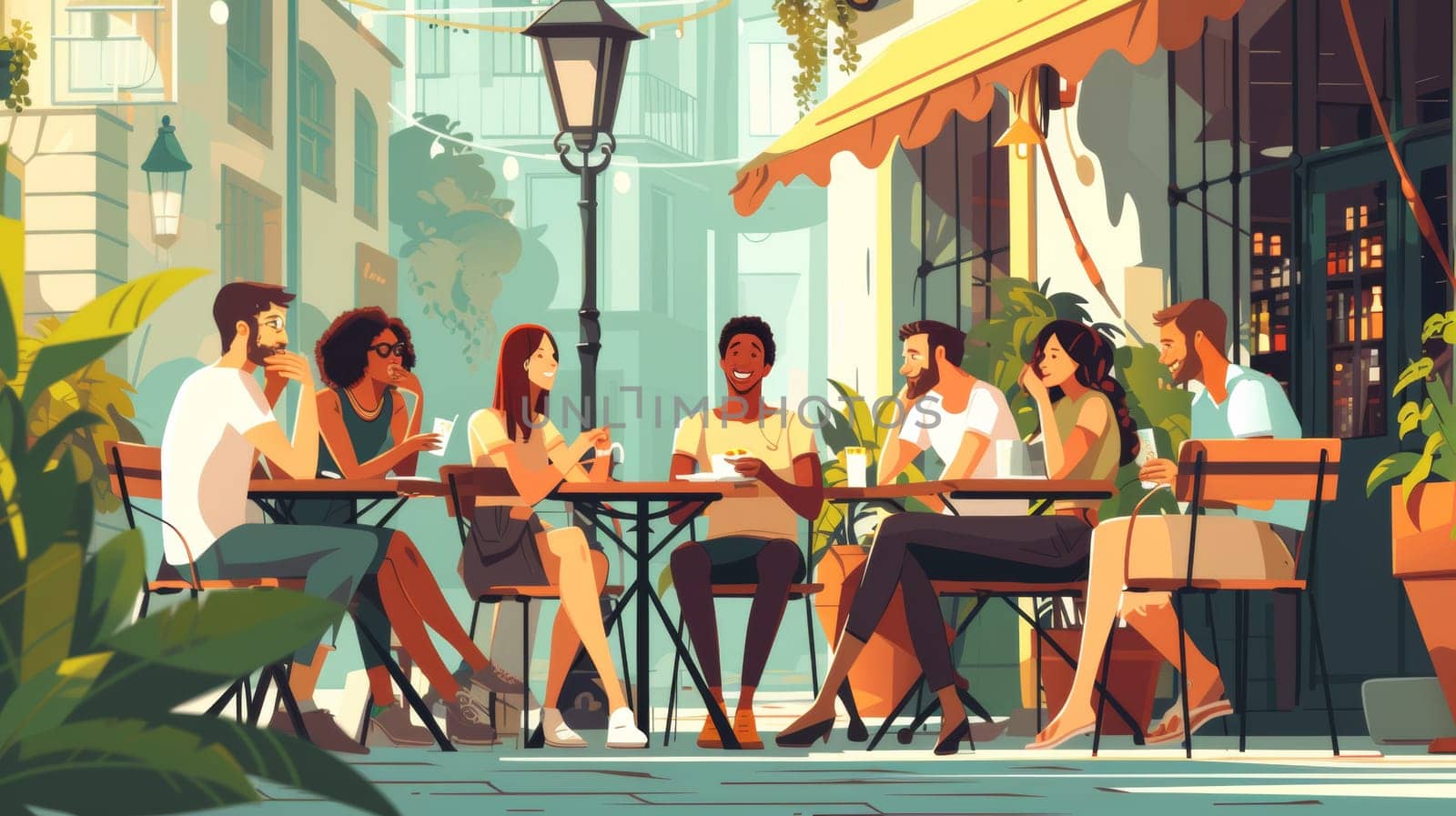 A group of people sitting at a table outside in the city