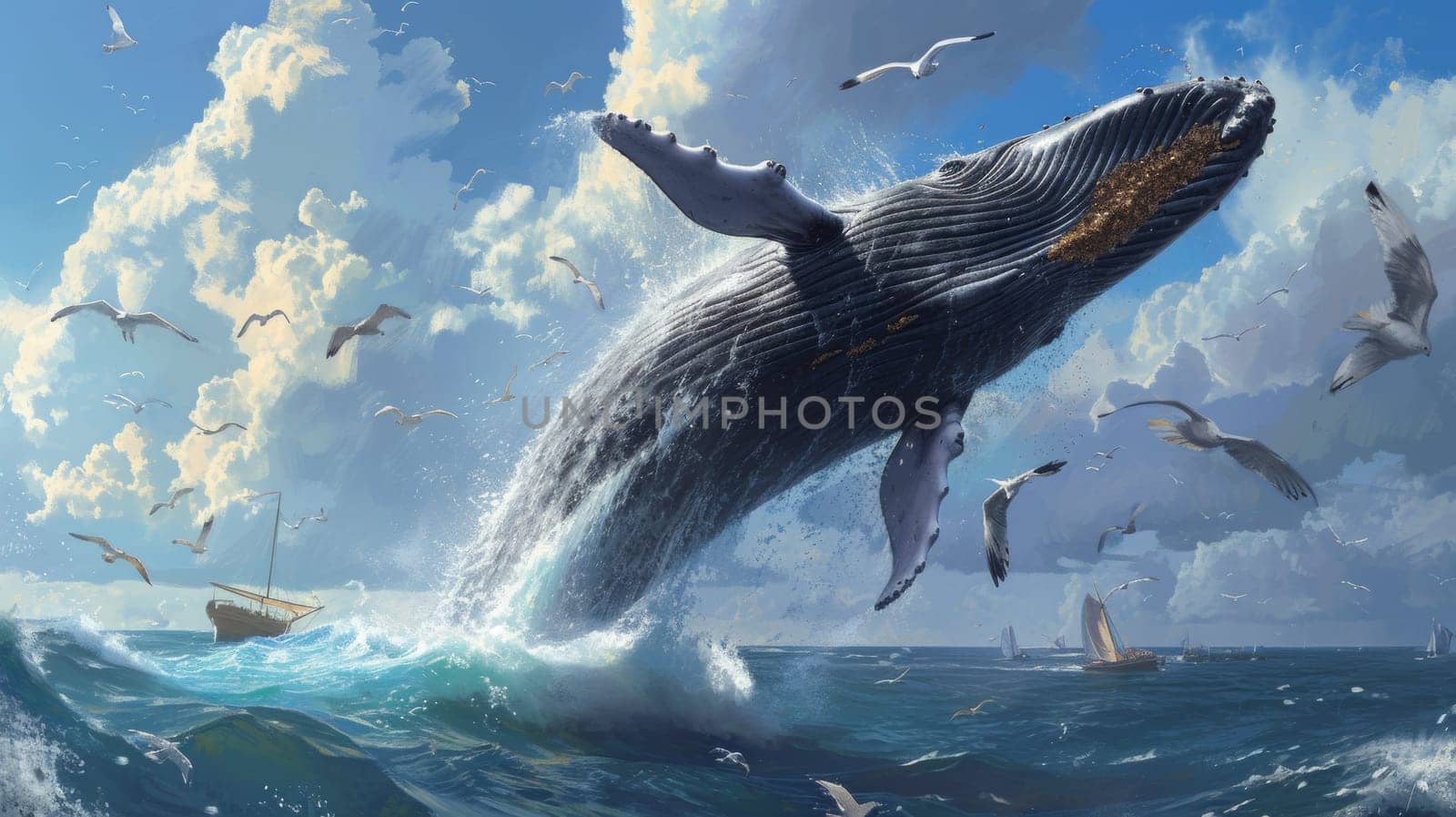 A large whale jumping out of the water with seagulls flying around it