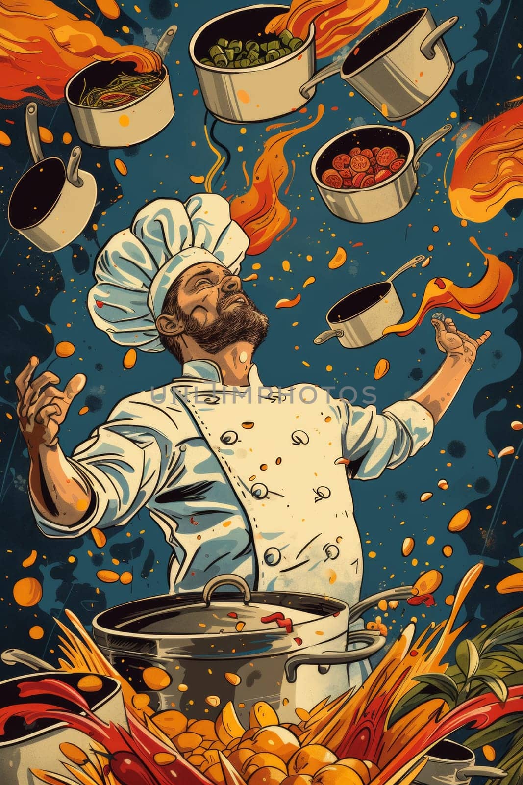 A chef in a cartoon illustration with pots of food flying around him, AI by starush