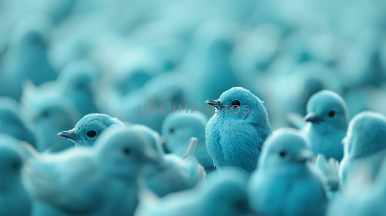 A group of small blue birds are standing together in a crowd