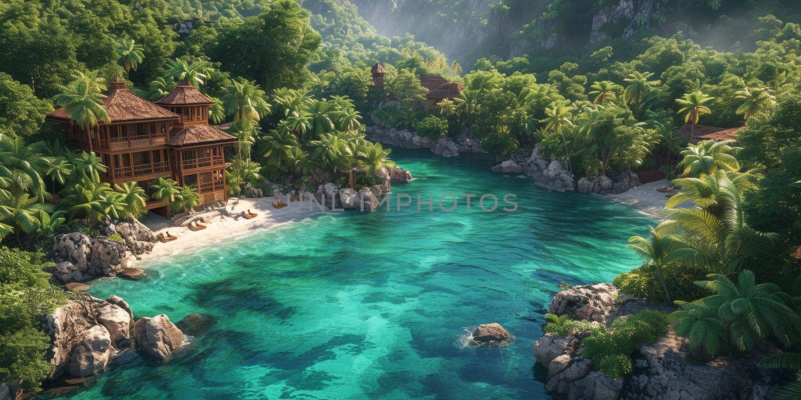 A tropical island with a river and some houses in the middle of it, AI by starush