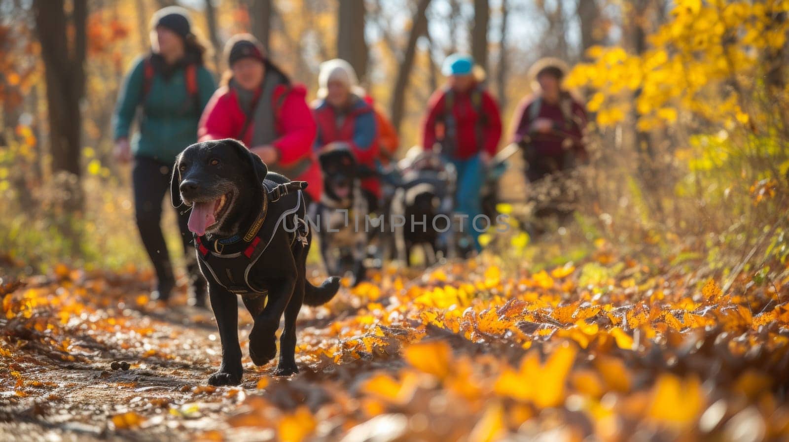 A group of people walking with a dog in the woods