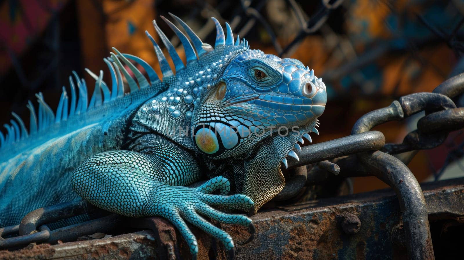 A large blue iguana sitting on a chain link fence