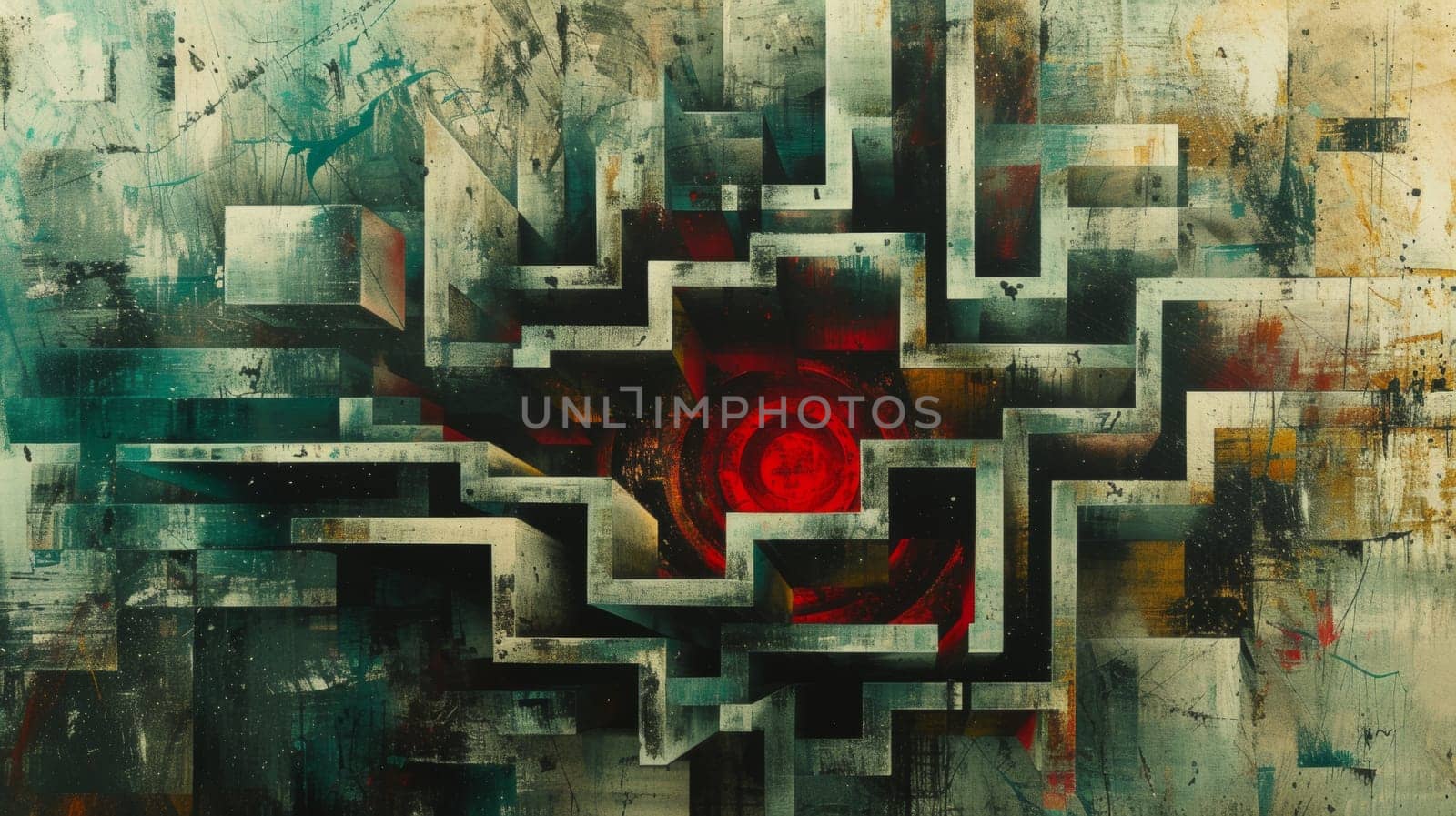 A painting of a red object in the middle surrounded by abstract shapes