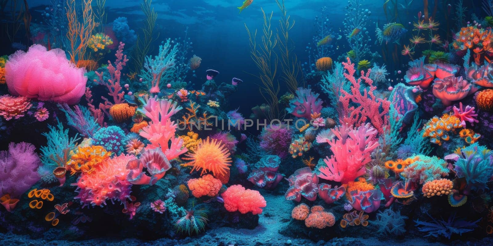 A colorful underwater scene with many different types of coral