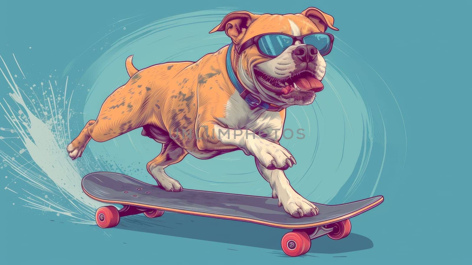 A cartoon dog in sunglasses riding a skateboard on blue background