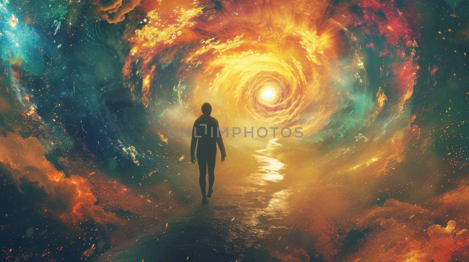 A person walking through a tunnel of colorful stars and galaxies