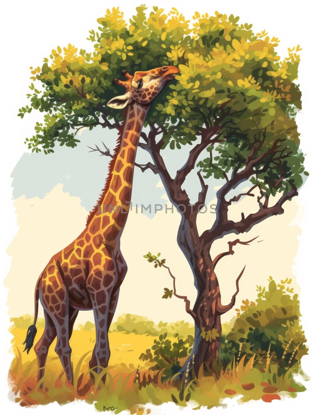 A giraffe reaching up to eat leaves from a tree, AI by starush