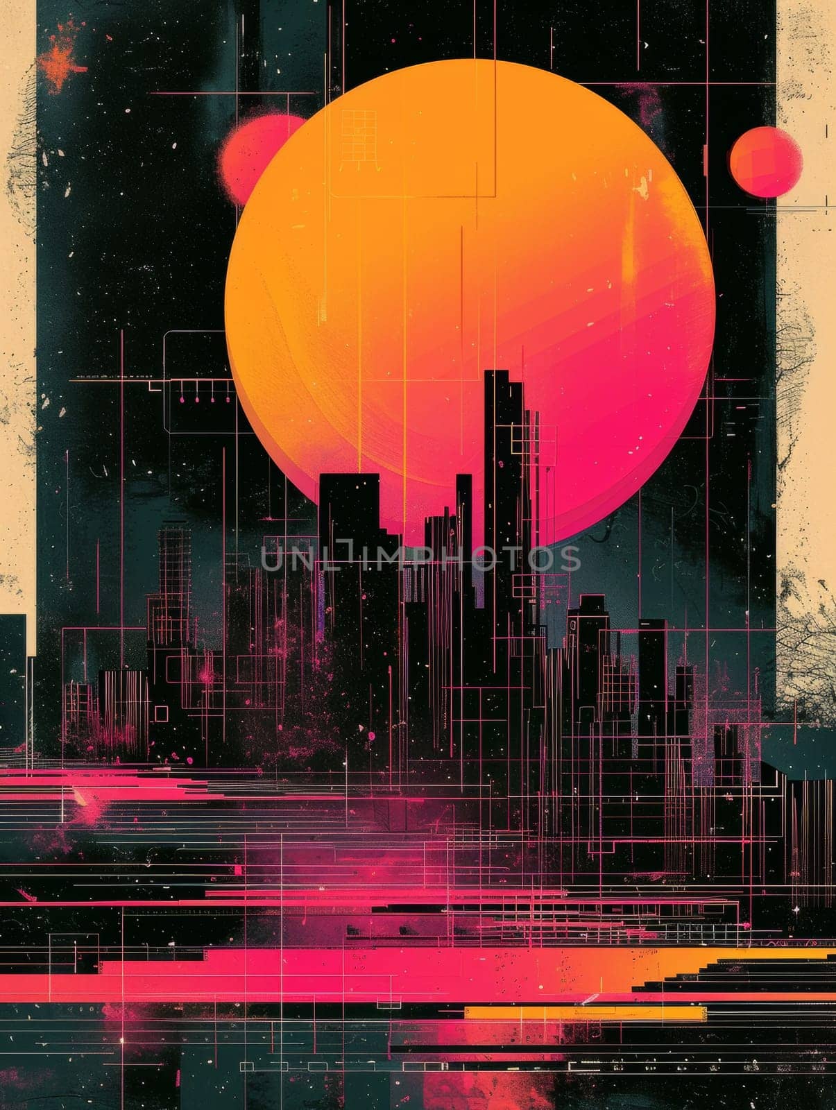A cityscape with a large orange orb in the sky, AI by starush